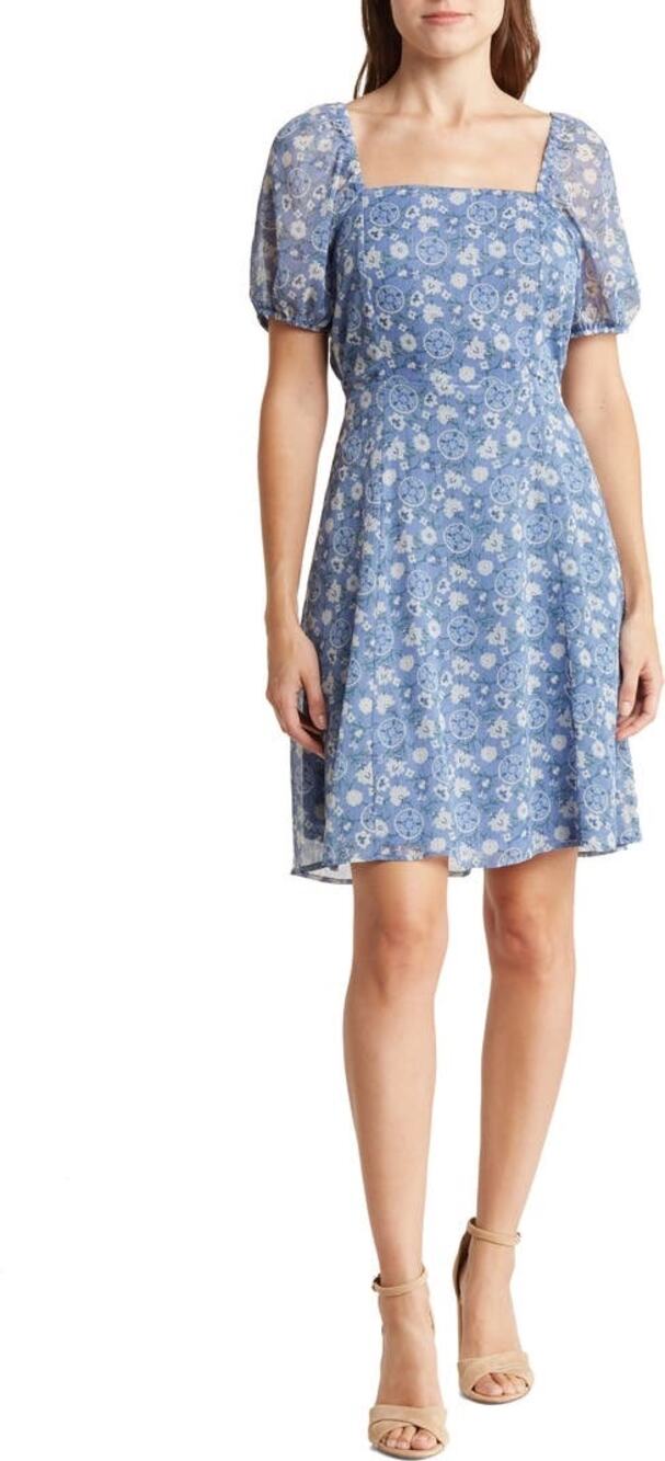 Lucky Brand Puff Sleeve A-Line Mini Dress Women's Small Blue Floral NWT